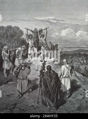 Les scouts retournent à Canaan. Illustration de Gustave Dore de la troisième édition de la Bible traduite par Ludwig Philippson, 1870, Stuttgart, Allemagne. Les illustrations originales ont été créées au cours de la période 1850-1853. Banque D'Images