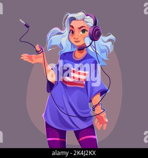 Une fille écoute de la musique dans un micro-casque. Jeune jolie femme en t-shirt avec drapeau américain et écouteurs. Illustration de dessin animé vectoriel de la femme cool DJ, joueur, podcaster Illustration de Vecteur