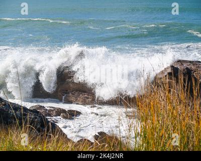 Vagues se brisant autour de la base rocheuse du mont Maunganui Banque D'Images