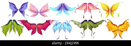 Ailes de fée, dragon ou papillon ensemble isolé. Mythe et créatures fables, oiseaux ou pixie différentes paires d'ailes. Collection de magie colorée pour les personnages de jeu de rpg fantaisie, illustration vectorielle de dessin animé Illustration de Vecteur