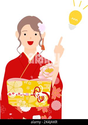 Une femme dans un kimono, portant un furisode (kimono à manches longues) pointant et conseillant Illustration de Vecteur