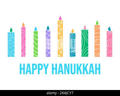 Bonne Hanoukkah. Neuf bougies Hanukkah sont le symbole de la fête juive. Bougies multicolores avec motif sur fond blanc. Conception pour gre Illustration de Vecteur