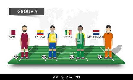 Tournoi de football de la coupe du monde de la fifa au Qatar 2022 . 32 équipes de groupe et personnage de joueur de dessin animé avec le maillot et les drapeaux de pays sur le ballon de perspective Illustration de Vecteur