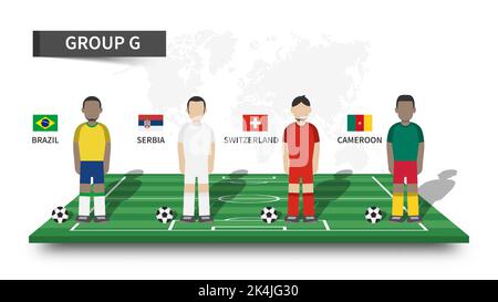 Tournoi de football de la coupe du monde de la fifa au Qatar 2022 . 32 équipes de groupe et personnage de joueur de dessin animé avec le maillot et les drapeaux de pays sur le ballon de perspective Illustration de Vecteur