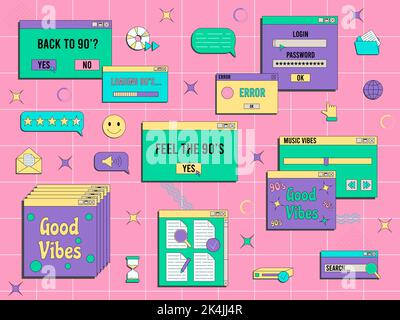 Ensemble d'éléments UI et UX vaporwave. Cadre de jeu rétro pour PC. Style nostalgique 70s, 80s, 90s. Illustration de Vecteur