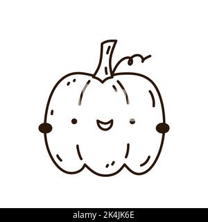 Citrouille mignonne et amusante isolée sur fond blanc. Illustration vectorielle dessinée à la main, style doodle. Caractère kawaii. Parfait pour les cartes, les décorations, Illustration de Vecteur