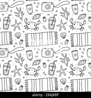 Joli motif sans coutures avec des gribouillages d'été : serviette de plage, crème solaire, appareil photo, crabes, corail et coquillages. Illustration vectorielle dessinée à la main Illustration de Vecteur