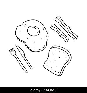 Œufs frits avec toasts et bacon isolés sur fond blanc. Nourriture pour le petit déjeuner. Illustration vectorielle dessinée à la main, style doodle. Parfait pour les recettes, Illustration de Vecteur