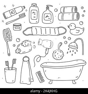 Ensemble de vaisselle avec accessoires de salle de bain - dentifrice, brosse à dents, shampooing, savon, serviettes, débarbouillettes, sèche-cheveux, baignoire, canard en caoutchouc et autres. Illustration de Vecteur