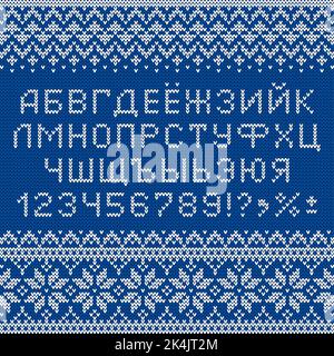 Police cyrillique en style chandail. Lettres, chiffres et symboles russes tricotés pour les fêtes du nouvel an et l'hiver. Motif alphabet et scandinave. Illustration de Vecteur