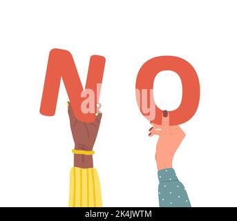 Groupe de différentes mains féminines tenant le mot rouge No. Les personnes multiethniques diverses sont ensemble. Illustration vectorielle dessinée à la main dans un style de dessin animé Illustration de Vecteur
