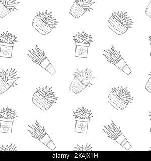 Motif sans couture avec motif en forme de doodle dessiné à la main, contour des cactus en pot. Plante domestique, succulent linéaire. Illustration vectorielle noir et blanc sur fond blanc Illustration de Vecteur