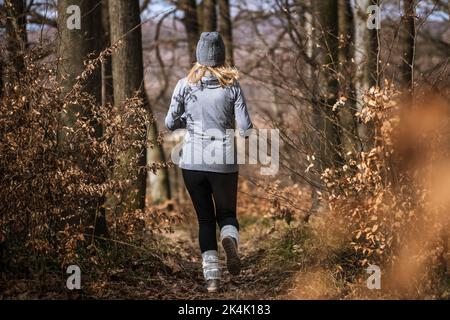 Entraînement physique et jogging dans la forêt d'automne. Femme en plein air. Activité sportive dans la nature Banque D'Images