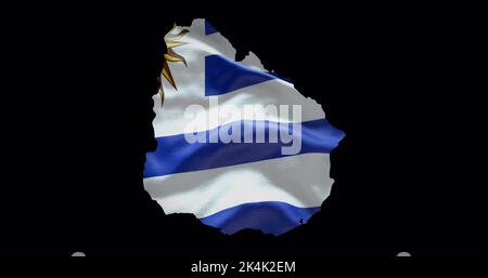Carte en forme d'Uruguay avec fond de drapeau ondulant. Contour alpha du pays. Banque D'Images