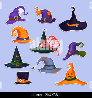 Ensemble de jolis chapeaux de sorcière pour halloween. Illustration vectorielle de dessin animé. Tous les éléments sont isolés. Idéal pour les imprimés, la décoration et la conception de sites Web. Illustration de Vecteur