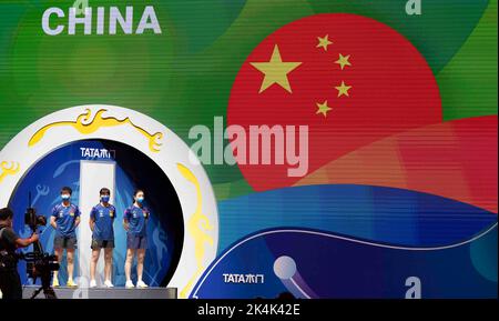 CHENGDU, CHINE - le 3 OCTOBRE 2022 - Sun Yingsha âChen Xingtong et Chen Meng de Chine rivalise avec Team USA au World Table tennis 2022 56th de l'ITTF Banque D'Images