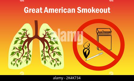 Bannière avec panneau d'interdiction rouge avec des cigarettes et des poumons verts sains. Style de dessin animé. Illustration vectorielle. Illustration de Vecteur