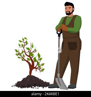 Les hommes en vêtements de travail avec pelle se tiennent à côté du jeune arbre en tas de terre, isolé sur blanc. Elément de conception vectoriel. Illustration de Vecteur