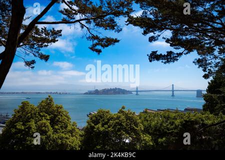 Vue de San Francisco sur le pont d'Oakland Bay et Yerba Buena Island depuis Coit Tower, par une journée d'été ensoleillée. Voyager aux états-unis NoCal California N Banque D'Images