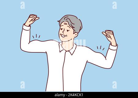 Homme âgé montrant la formation musculaire et l'exercice. Sourire mature mâle démontrer une bonne forme physique suivre le style de vie sportif. Illustration vectorielle. Illustration de Vecteur