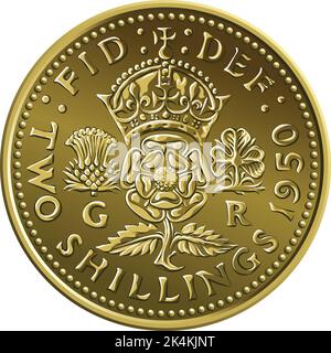 Monnaie britannique deux shillings de pièce d'or, le roi George VI florin avec la rose couronnée, le chardon et le shamrock, Rosa Tudor - emblème de l'Angleterre Illustration de Vecteur
