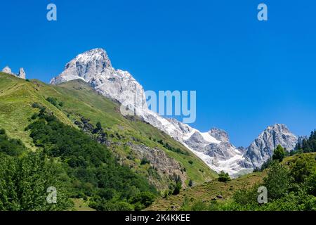 Ushba (4710m haut) dans le Haut-Svaneti, Géorgie. Vue depuis la vallée de Guli. Banque D'Images