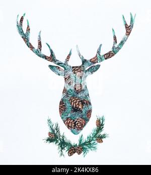 Carte de Noël vintage. Chevreuil, couronne de pin et houx. Joyeux Noël et un Bonne Année. Banque D'Images