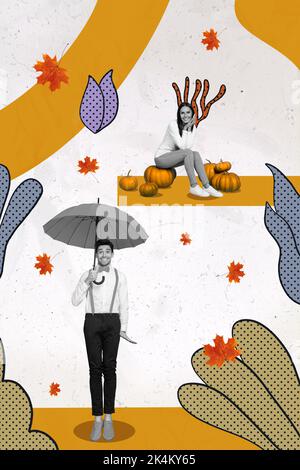 Collage vertical illustration de heureux mignon positif gentleman tenir parapluie femme assis citrouilles orange profiter automne chutes de feuilles Banque D'Images
