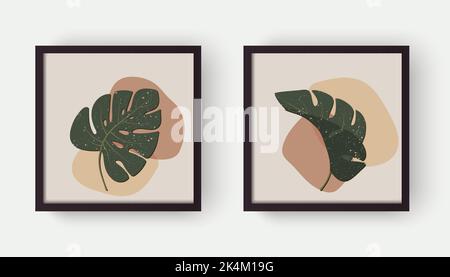 Arrière-plan esthétique moderne abstrait avec des formes organiques géométriques et des feuilles monstère. Décoration murale de style boho. Imprimé vectoriel du milieu du siècle pour la couverture, avec Illustration de Vecteur