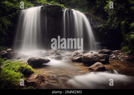 Une eau à effet de soie qui coule le long d'une cascade rocheuse dans une forêt Banque D'Images