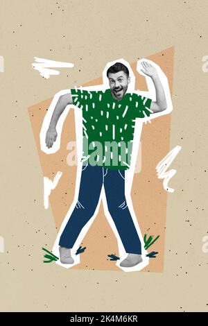 Vertical créatif collage image de positif énergique drôle funky jeune homme peinture vêtements danse ont plaisir profiter de la détente de partie Banque D'Images