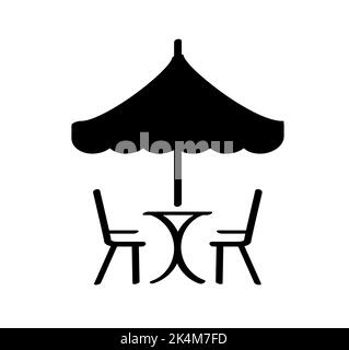 Restaurant dessin animé, table à manger avec chaises. Café terrasse Icon Table sous parasol. Pictogramme de chaise longue. Icône ou signe de vecteur plat. Vacances, vacances Banque D'Images