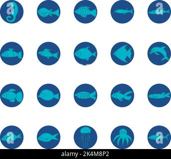 Ensemble d'icônes de poissons dans l'eau, illustration, vecteur sur fond blanc. Illustration de Vecteur