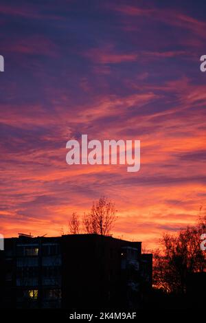 Magnifique coucher de soleil rouge et violet sur les bâtiments de la ville avec des bâtiments et des arbres silhouette, vertcial Banque D'Images