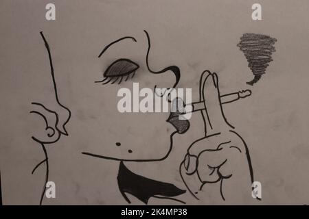 Dessin simple d'une femme qui fume Banque D'Images