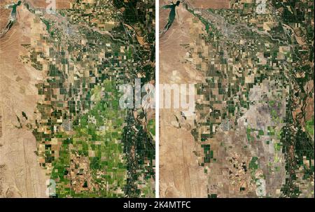 Greenbelt, États-Unis d'Amérique. 03rd octobre 2022. Greenbelt, États-Unis d'Amérique. 03 octobre 2022. Vue comparative de la région rizicole de la vallée de Sacramento qui a perdu près de 75 pour cent de sa production en raison de conditions de sécheresse extrêmes à l'est de Willows, en Californie. L'image de gauche est verte avec une production normale en 4 septembre 2021. La bonne image est principalement brune à cause de la sécheresse et des pénuries d'eau au 16 septembre 2022. Credit: Landsat 8/NASA/Alamy Live News Banque D'Images