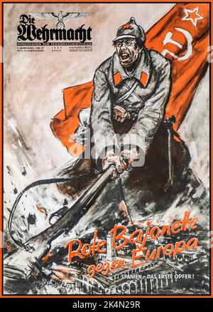Le magazine de propagande de l'Allemagne nazie DIE WEHRMACHT 1937 les bayonets rouges de Wehrmacht contre l'Europe. Espagne la première victime mettant en vedette un soldat russe de l'Union soviétique avec un drapeau de marteau et de faucille derrière, écrasant son fusil sur un bâtiment espagnol Allemagne nazie 1930s Banque D'Images
