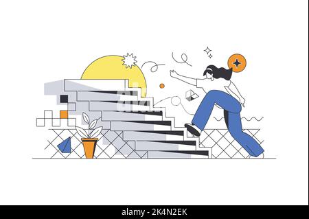 Concept Web d'opportunité de carrière dans la conception de contour plat avec le caractère. Femme est à la recherche de nouveaux projets et d'escalade échelle de carrière. Leadership et Illustration de Vecteur