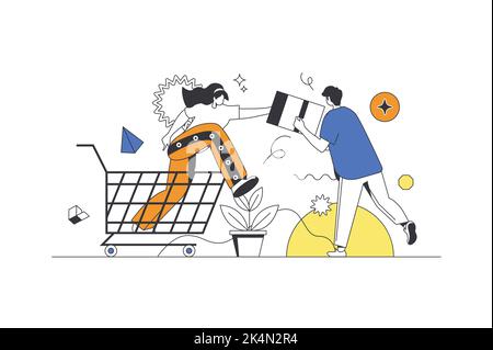 Commerce et shopping web concept en plan avec des personnages. Homme et femme fait des achats, regardant des réductions et de grandes offres dans Illustration de Vecteur