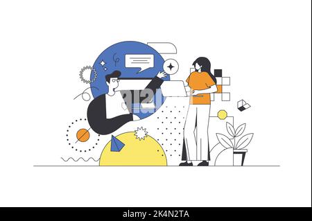 Création agence web concept en plan avec des personnages. Les concepteurs hommes et femmes génèrent des idées créatives et développent une campagne publicitaire Illustration de Vecteur