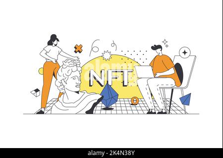 NFT et le concept Web de crypto-monnaie en conception à contour plat avec des personnages. L'homme et la femme investissent dans des œuvres d'art à collectionner avec un jeton non fongible. Crypto Illustration de Vecteur