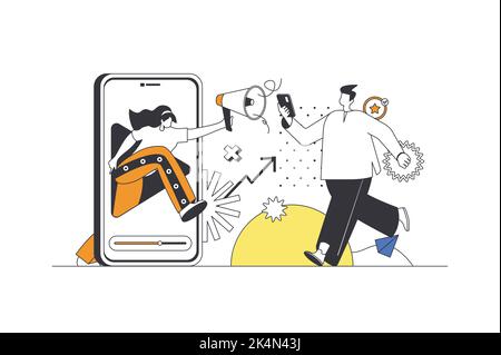 Marketing mobile web concept dans le plan plat de conception avec des personnages. Femme avec le mégaphone faire campagne publicitaire dans les applications et attirer de nouveaux Illustration de Vecteur