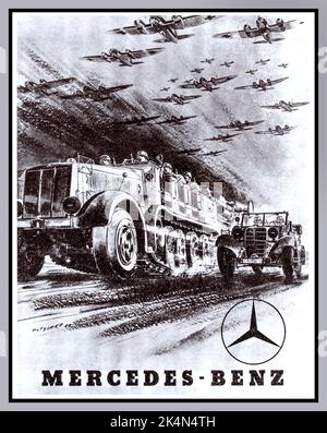 Affiche de production de guerre industrielle Mercedes WW2. Les transporteurs de troupes, le transport de personnel, les moteurs d'avions, etc. La guerre nazie travaillent le transport mécanisé. Seconde guerre mondiale Allemagne nazie Banque D'Images