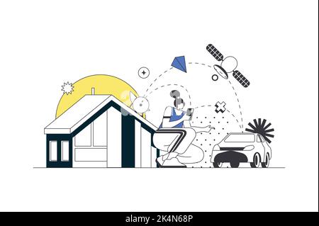 Technologie sans fil concept Web dans un design plat avec caractère. Femme surveille les capteurs de maison intelligente et contrôle la maison et la voiture en utilisant le programme on Illustration de Vecteur