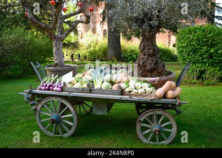 Pralormo, Italie, mai 2022 un vieux wagon de ferme en bois transporte divers légumes frais. Banque D'Images