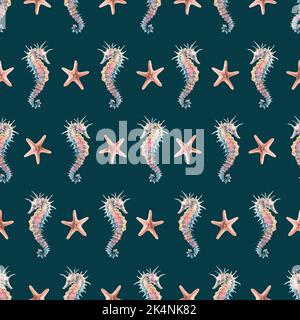 Hippocampe et étoiles de mer sur fond sombre, motif sans couture, marine. Illustration aquarelle. Pour le tissu, les textiles, le papier peint, l'emballage, l'emballage Banque D'Images