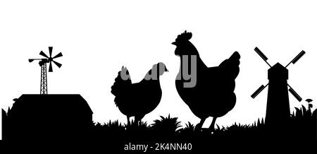 Poulets en pâturage. Silhouette de l'image. Animaux de la ferme. Volaille domestique pour obtenir des oeufs. Isolé sur fond blanc. Vecteur. Illustration de Vecteur