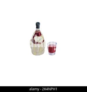Illustration aquarelle du vin rouge en bouteille et en verre de vin. Un élément de boisson délicieux réaliste dessiné à la main. Bouteille typique de vin italien avec chia Banque D'Images