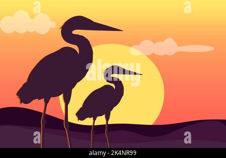 Oiseaux au coucher du soleil, illustration, vecteur sur fond blanc. Illustration de Vecteur