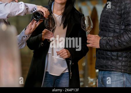 Un jeune couple caucasien ayant une dégustation privée avec un producteur de vin dans sa cave à vin, souriant, parlant, et appréciant Banque D'Images